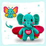 Teal elephant with rainbow butterfly wings — custom mascot plush from logo. 