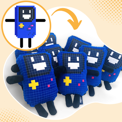 Bulk event giveaway plush: blue alien mascot with antenna and three eyes, produced in quantity for events.