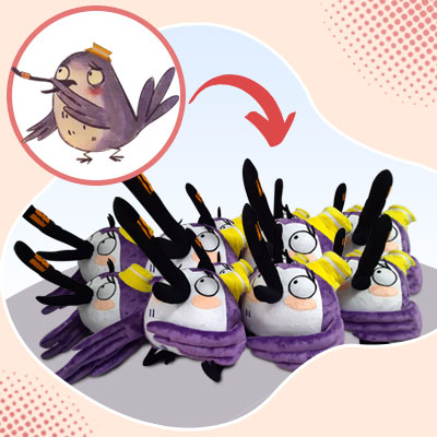 Bulk brand character plush dolls: matching girl mascot plushies in blue overalls based on brand artwork.