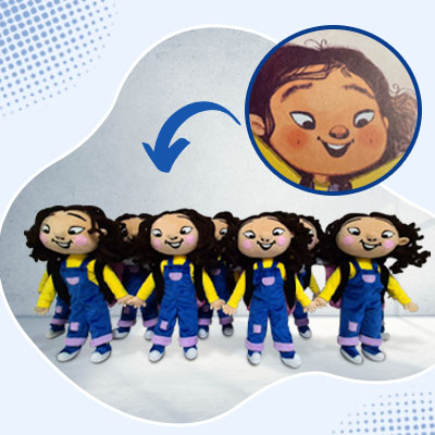 Bulk author character plush: purple bird with hat from illustrated book, produced in sets for author promos.