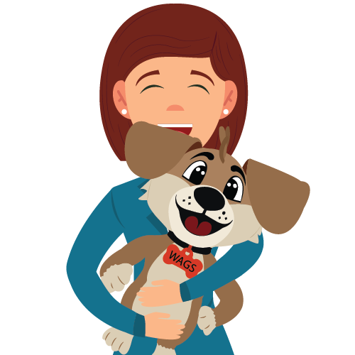 Step 3 — Receive & enjoy: customer hugging finished WAGS dog mascot plush.